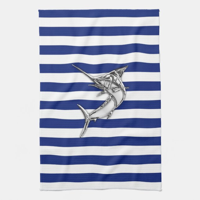 Paño De Cocina Marlin Swordfish Chrome Style on Nautical Stripes (Vertical)