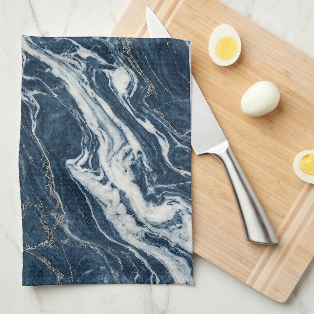 Paño De Cocina Mármol Azul Oscuro Estilo Minimalista Elegante (Doblado Cuarto)