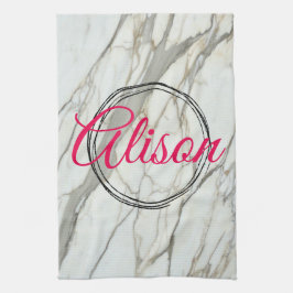 Paño De Cocina Mármol blanco, nombre personalizado de fucsia