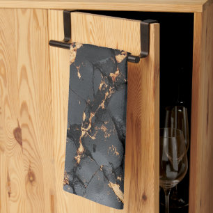 Paño De Cocina Mármol Negro Elegante con Venas Doradas Arte Moder