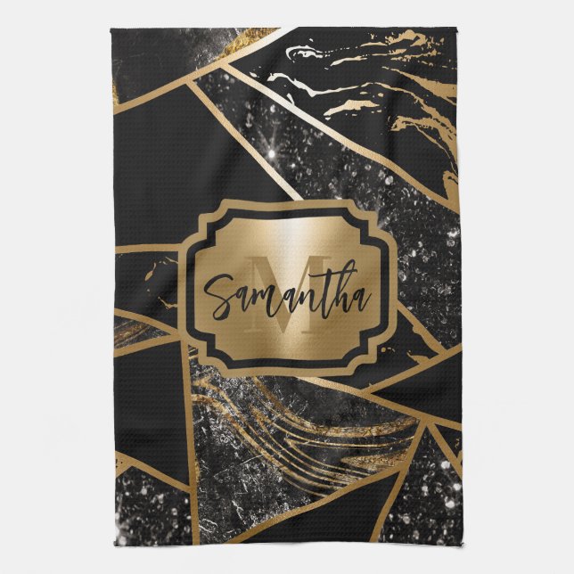 Paño De Cocina Mármol negro y mosaico geométrico Purpurina (Vertical)