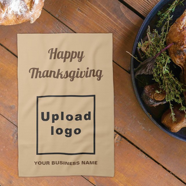 Paño De Cocina Marrón claro | Acción de gracias | Negocios | (Business name and logo with Thanksgiving greeting on light brown kitchen towel)