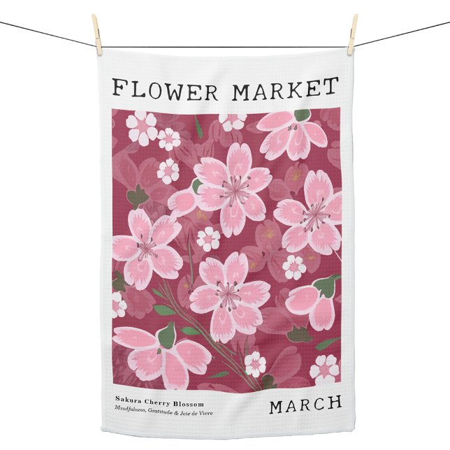 Paño De Cocina Marzo Mercado de flores de nacimiento Impresión de (Personalized March Birth Flower Market Kitchen Towel, Custom Floral Kitchen Towel, Sakura Cherry Art)