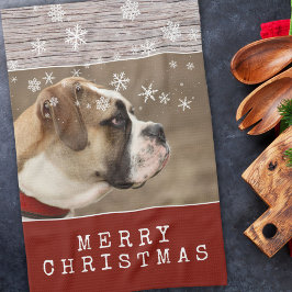 Paño De Cocina Mascota Rústico de Perro de Madera Foto Navidades 