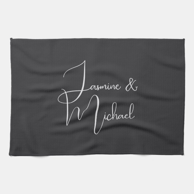 Paño De Cocina Matte Black Handwriting Couple Names Wedding (Horizontal)