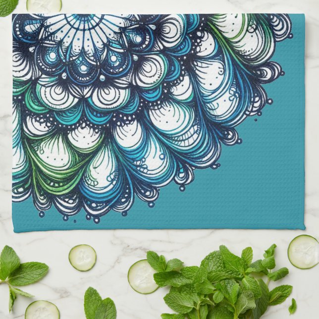Paño De Cocina Medallón verde azul - Resumen (Doblado)