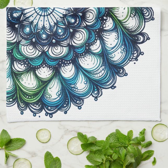 Paño De Cocina Medallón verde azul - Resumen (Doblado)