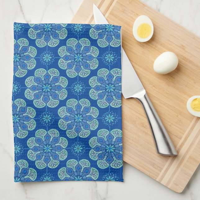 Paño De Cocina medallones azules y verdes (Doblado Cuarto)