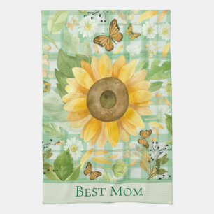 Paño De Cocina Mejor Mamá Verde Gingham Mariposa Girasol