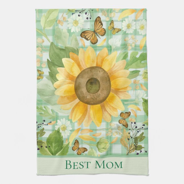 Paño De Cocina Mejor Mamá Verde Gingham Mariposa Girasol (Vertical)