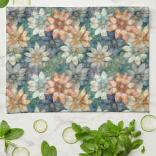 Paño De Cocina Melocotón Blanco Azul Verde Floral