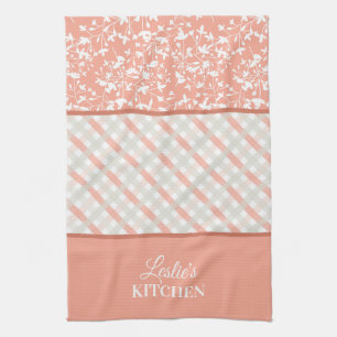 Paño De Cocina Melocotón Gris Floral Blanco y Cuadro Diagonal