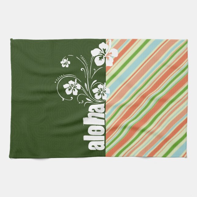 Paño De Cocina Melocotón y Forest Green rayados; Hawaiana (Horizontal)
