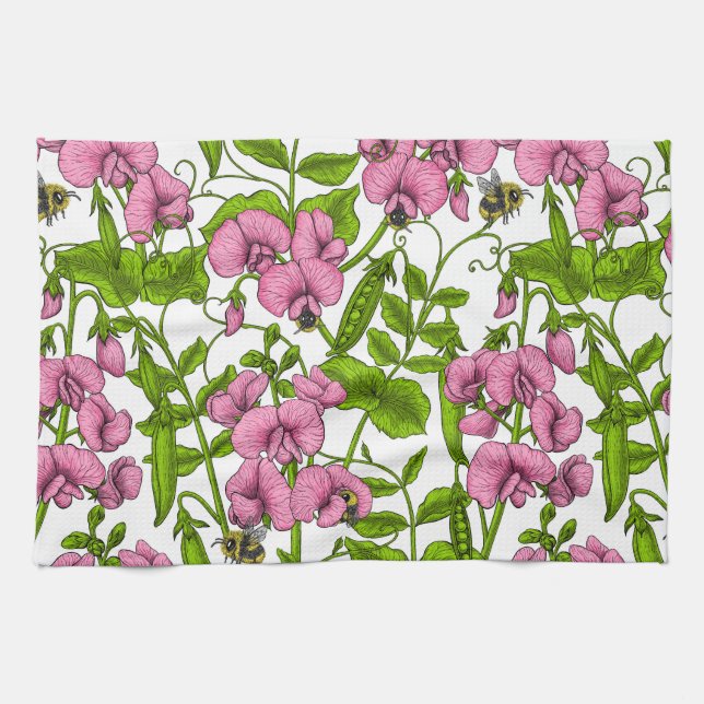 Paño De Cocina Melocotones y abejorros, rosa, verde y blanco (Horizontal)