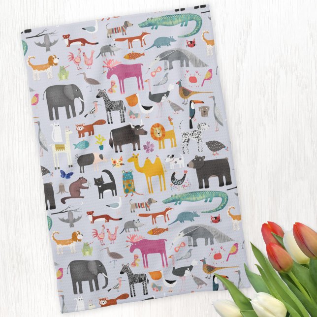 Paño De Cocina Menagerie animal (Fun animal menagerie with wild, safari, zoo and pet animals and birds pattern kitchen towel)