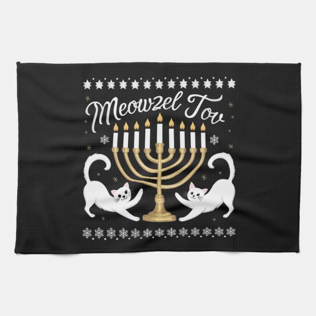Paño De Cocina Meowzel Tov Funny Chanukah Hanukkah Suéter feo (Horizontal)