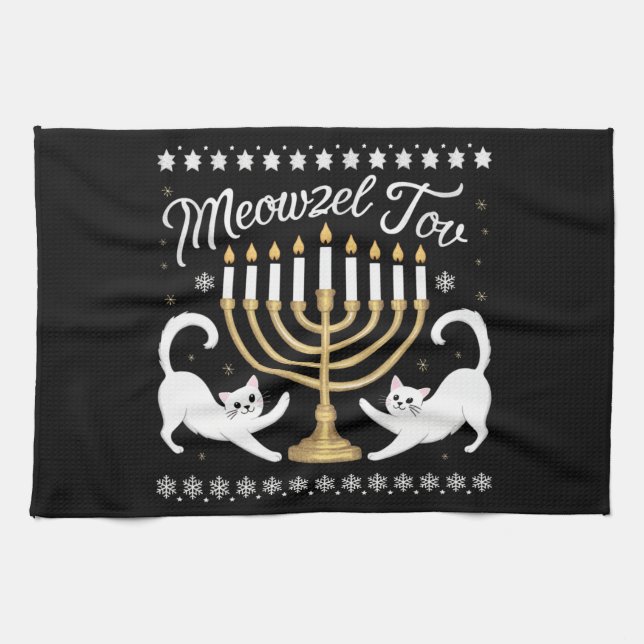 Paño De Cocina Meowzel Tov Funny Chanukah Hanukkah Suéter feo (Horizontal)