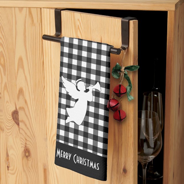 Paño De Cocina Merry Christmas Black & White Buffalo Plaid Angel (Subido por el creador)