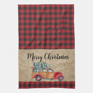 Paño De Cocina Merry Christmas Buffalo Plaid Vintage Truck Tree