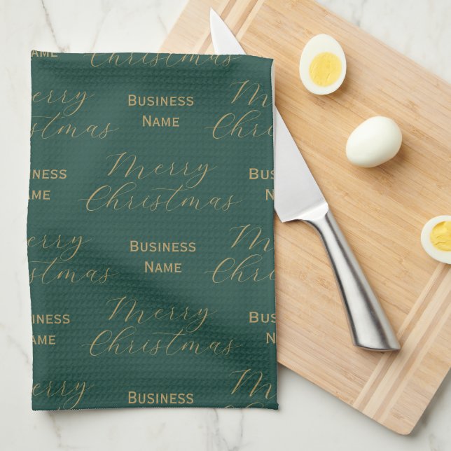 Paño De Cocina Merry Christmas Business Name Green Employee (Doblado Cuarto)