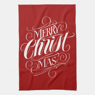 Paño De Cocina Merry CHRISTmas Christian Calligraphy Script rojo