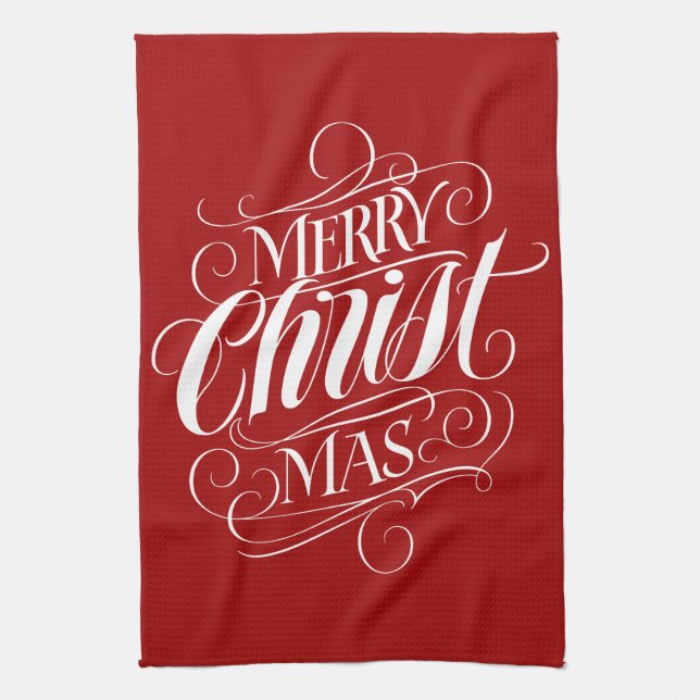 Paño De Cocina Merry CHRISTmas Christian Calligraphy Script rojo (Vertical)