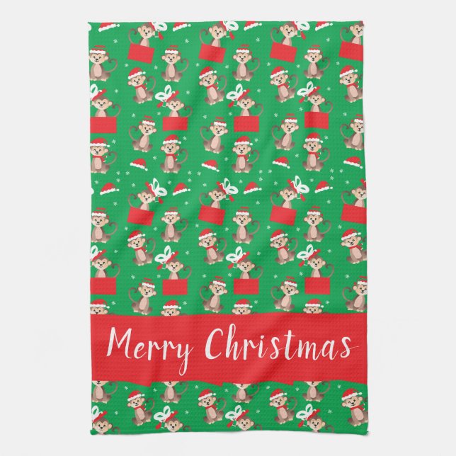 Paño De Cocina Merry Christmas Cuke Monkey Holiday Pattern Red (Vertical)