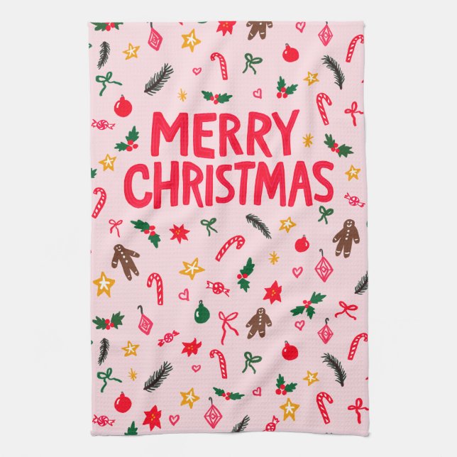 Paño De Cocina MERRY CHRISTMAS Cute Doodle Whimsical PERSONALIZAD (Vertical)