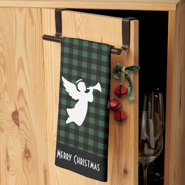 Paño De Cocina Merry Christmas Green & Black Buffalo Plaid Angel (Subido por el creador)