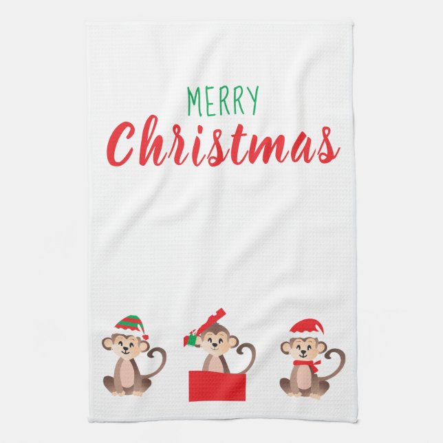 Paño De Cocina Merry Christmas Monkey Santa Hat (Vertical)