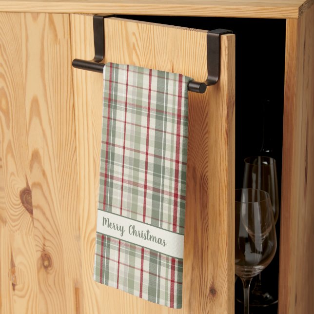 Paño De Cocina Merry Christmas Plaid - rustic green red ivory (Pliegue de tercios)