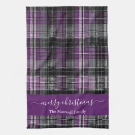 Paño De Cocina Merry Christmas purple tartan plaid script name