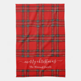 Paño De Cocina Merry Christmas red tartan plaid script name