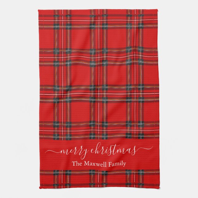 Paño De Cocina Merry Christmas red tartan plaid script name (Vertical)