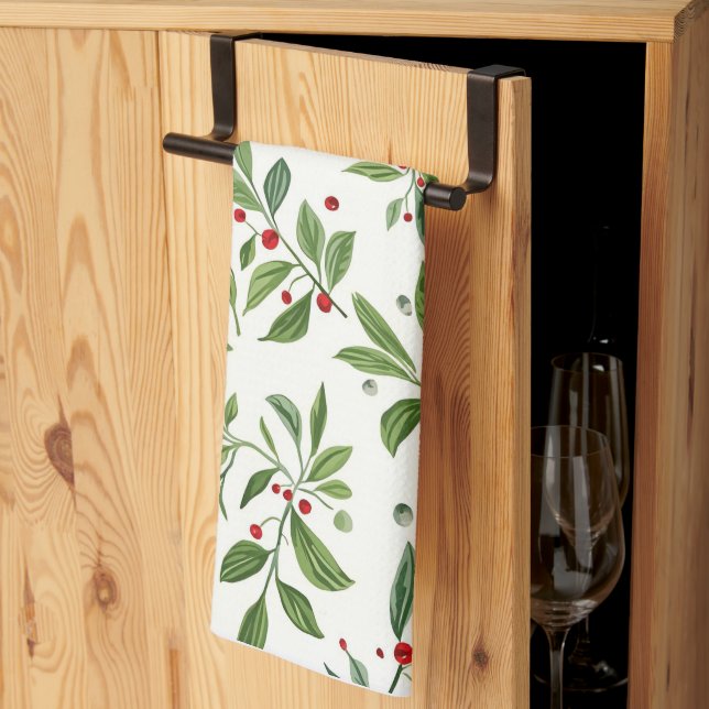 Paño De Cocina Merry Mistletoe Red Berry Watercolor Christmas (Pliegue de tercios)