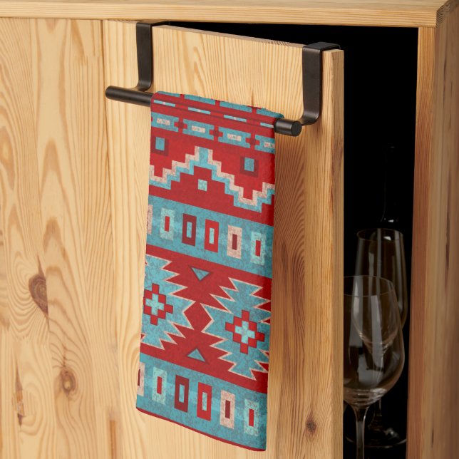 Paño De Cocina Mesas del Suroeste Turquesa y Rojo (Pliegue de tercios)