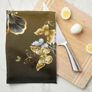 Paño De Cocina Metamorfosis Dorada – Diseño de Mariposa Botánica