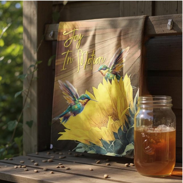 Paño De Cocina Mezcla de fotos de Hummingbird Art y Sunflower (kitchen towel hangs from board)