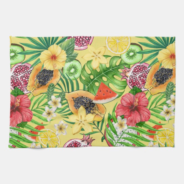 Paño De Cocina Mezcla tropical, flores y hojas en amarillo (Horizontal)