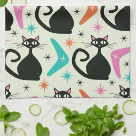 Paño De Cocina Mid Century Black Atomic Cats with Boomerangs