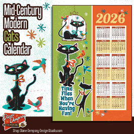 Paño De Cocina Mid-Century Cats Calendar Kitchen Towel Green/Rust