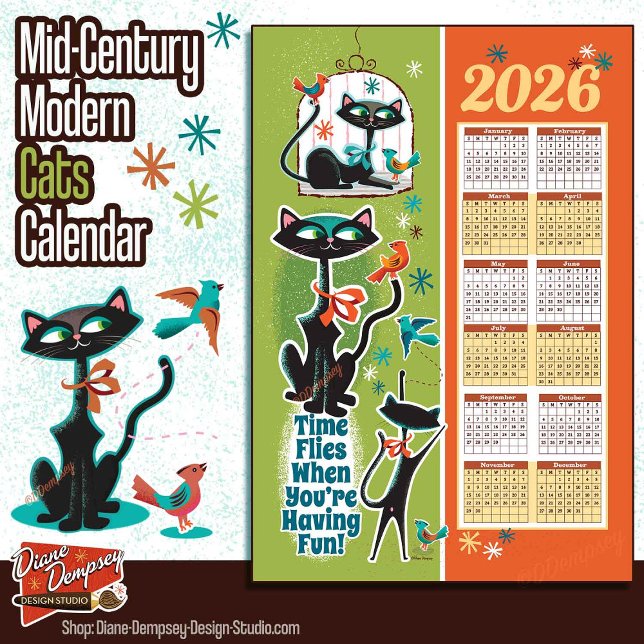 Paño De Cocina Mid-Century Cats Calendar Kitchen Towel Green/Rust (Subido por el creador)
