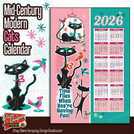 Paño De Cocina Mid-Century Cats Calendar Kitchen Towel Pink + Aqu