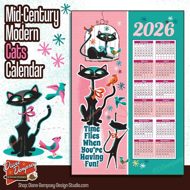 Paño De Cocina Mid-Century Cats Calendar Kitchen Towel Pink + Aqu (Subido por el creador)