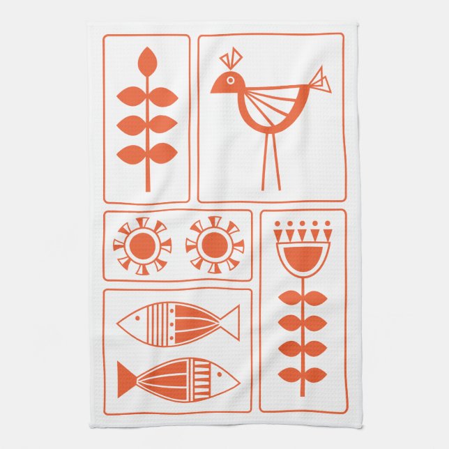 Paño De Cocina Mid Century Modern Orange Bird, Fish and Flowers K (Vertical)