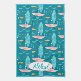 Paño De Cocina Mid Century Pink Catamaran - Blue Background