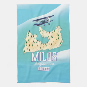 Paño De Cocina Milos, isla griega Mapa arte de póster de viaje.