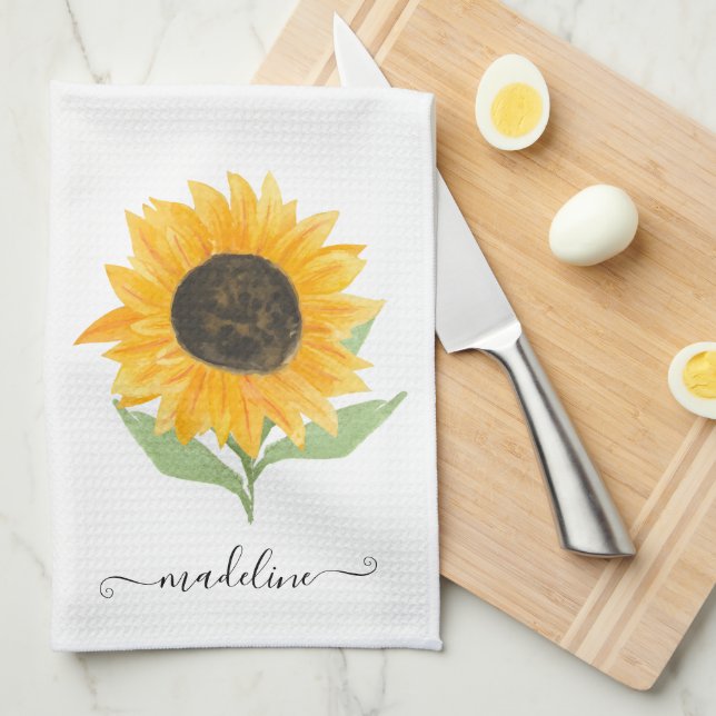Paño De Cocina Minimal Rustic Sunflower Personalized Name Script (Doblado Cuarto)