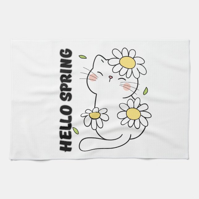 Paño De Cocina Minimalist Aesthetic Hello Spring Cat & Daisy  (Horizontal)
