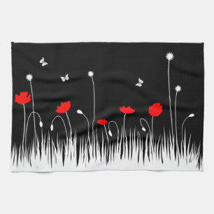 Paño De Cocina Minimalista Rojo Negro y Blanco Poppies pradera ne